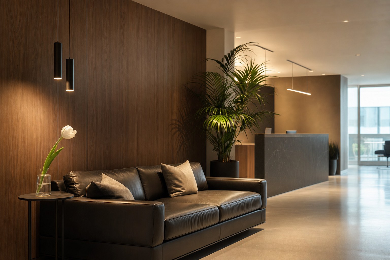 Sala d'attesa con divano in pelle scura, parete in legno, palma in vaso e bancone reception in pietra grigia