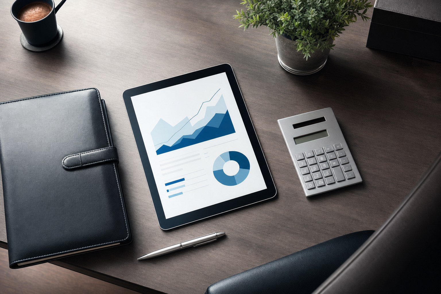 Scrivania di consulenza con documenti finanziari e tablet