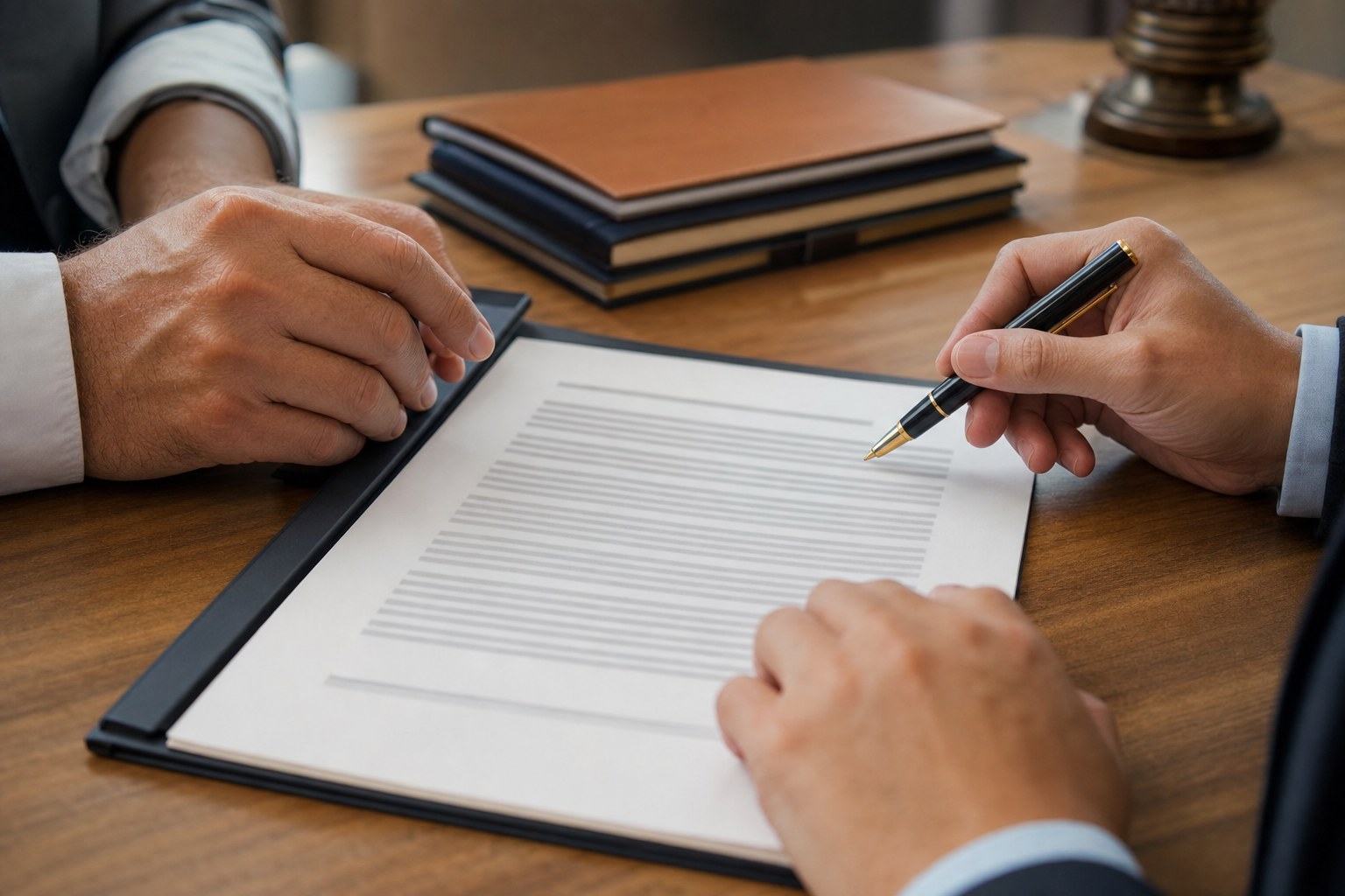 Documenti contrattuali con penna su scrivania professionale