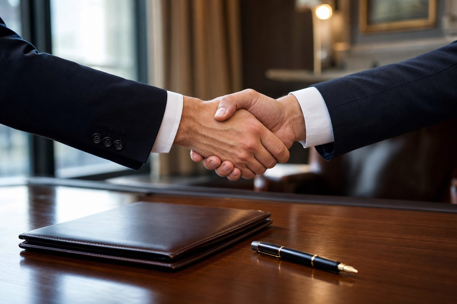 Stretta di mano professionale in studio di consulenza
