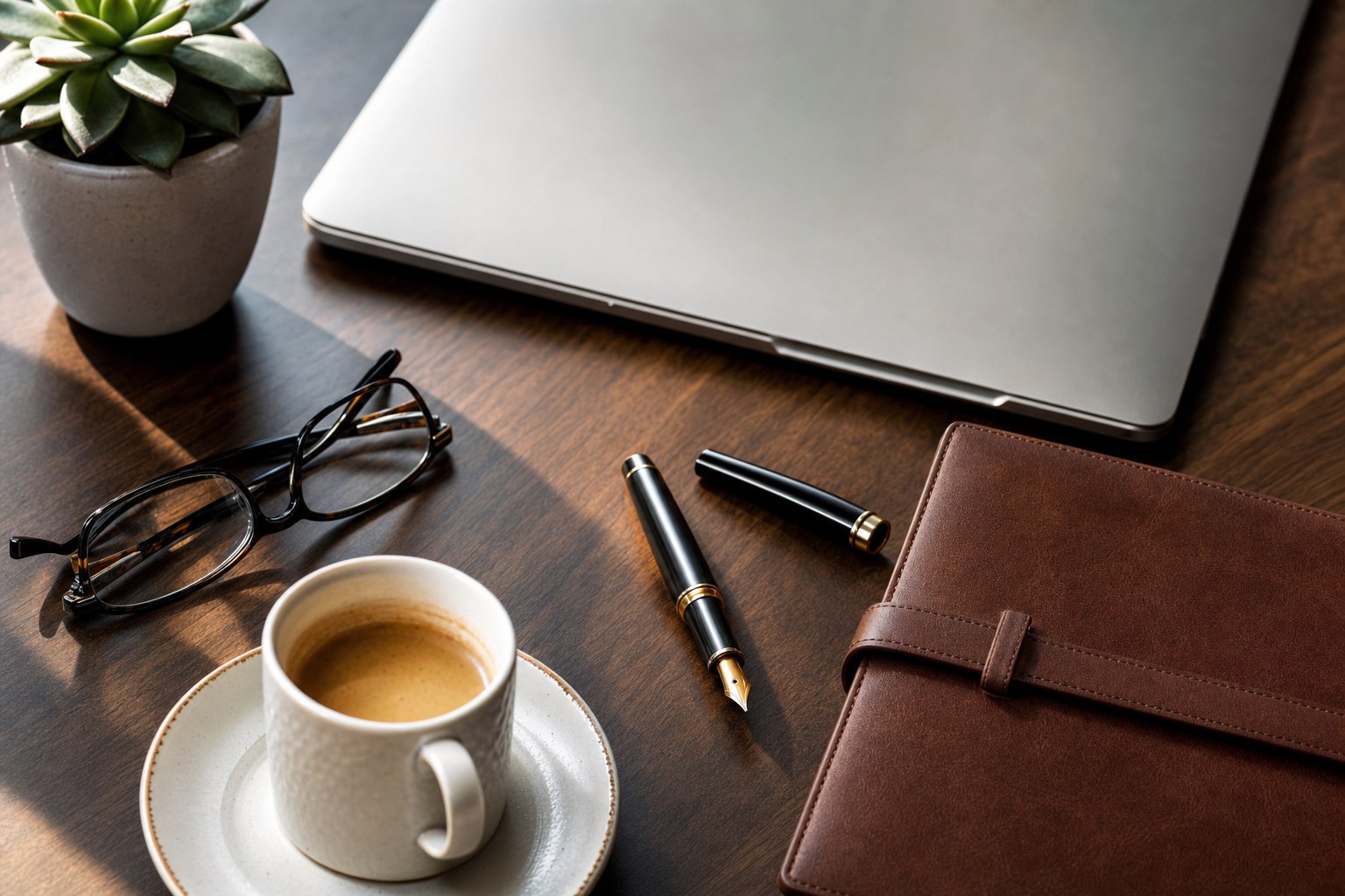 Scrivania in legno scuro con laptop argentato chiuso, penna stilografica nera, occhiali, tazzina di caffè e agenda in pelle